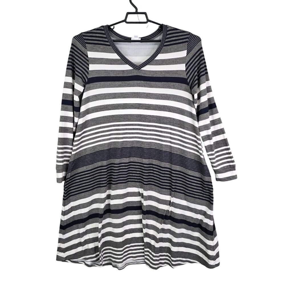 Womens LuLaRoe Gray & White Striped Emily Dress Long Sleeve V Neck Stretch L